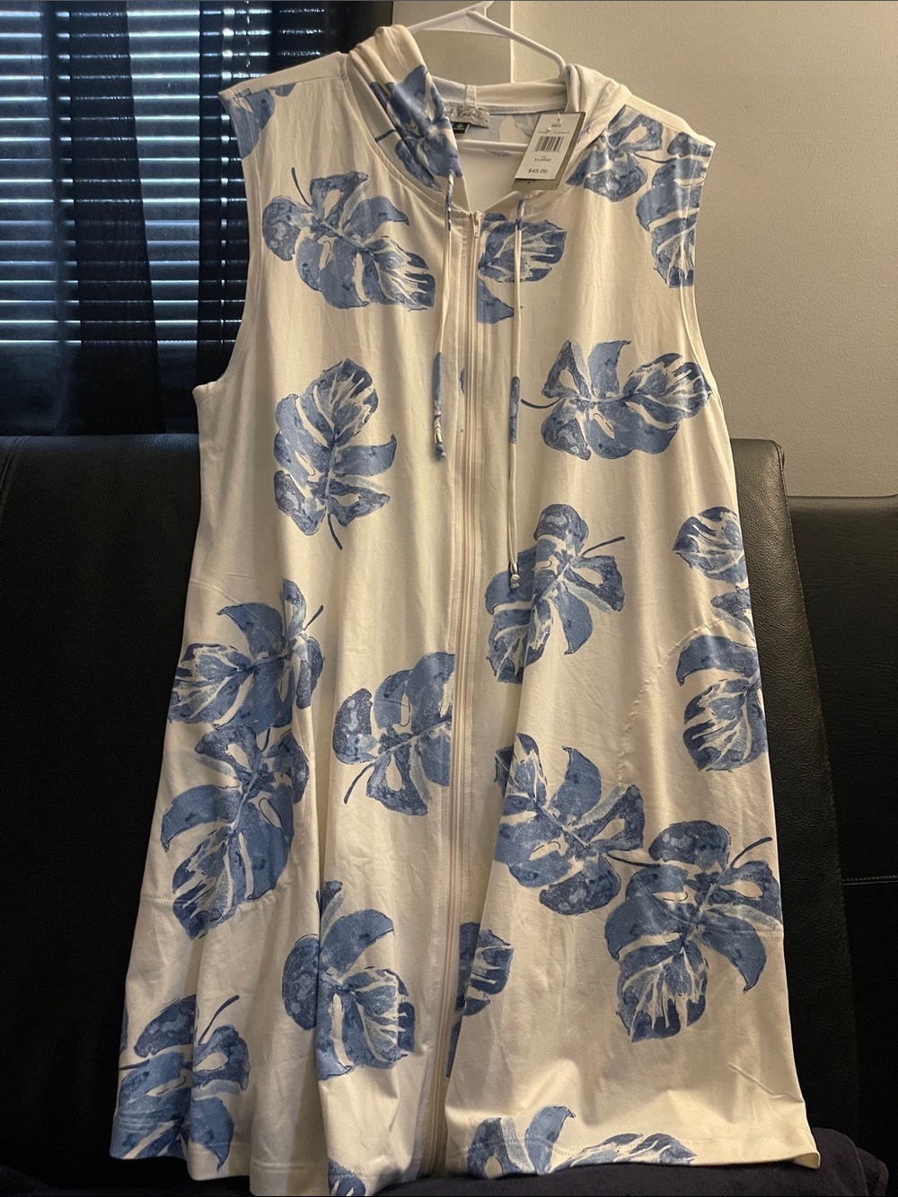 J Valdi Sleeveless Hooded Zip-Front Swimsuit Cover w/ Blue Leaf Print Sz XL NWT
